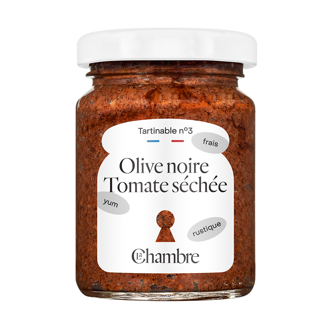 Une pot de tartinable salé la chambre à la saveur olive noire et tomates séchées en quantité de 100g.