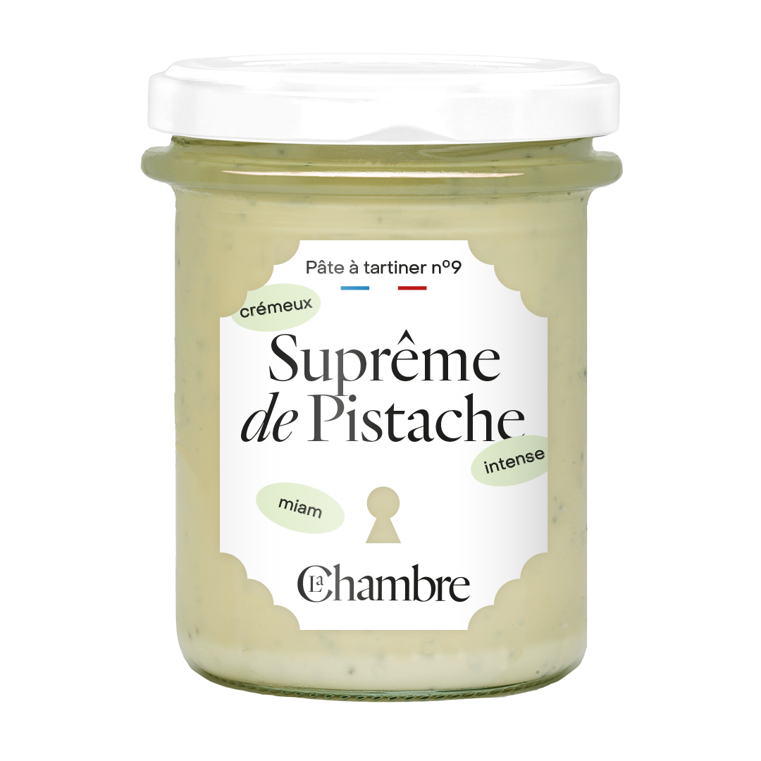 Un packshot de la fameuse Suprême de Pistache, une pâte à tartiner en pot de 200g de la marque la chambre